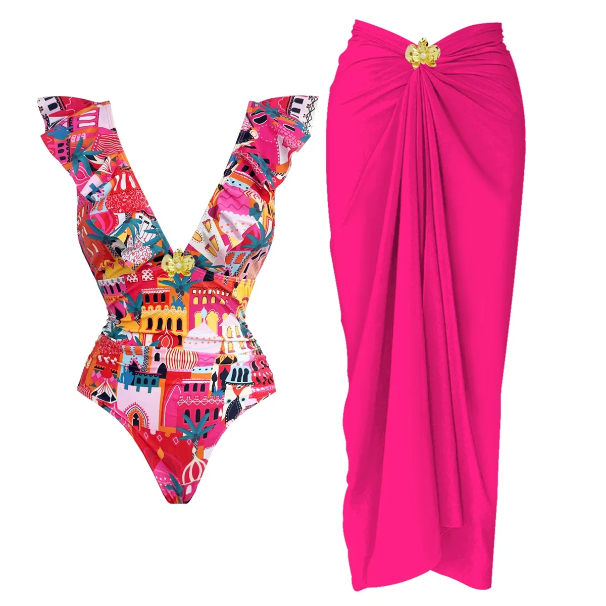 Ruffle One Piece Swimsuit Women Sexy Bikini Female Bandeau Biquini Push Up Swimwear Shiny Button Bathing Suits Deep V Beachwear