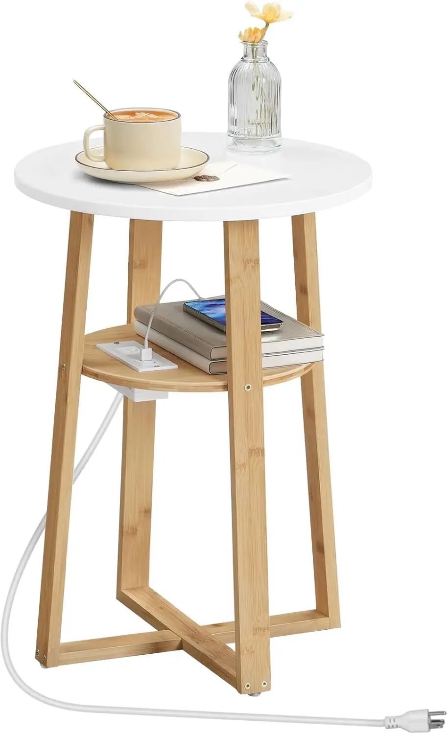 

Round Side Table with Charging Station, Bamboo Legs for Living Room or Bedroom, White and Natural Finish