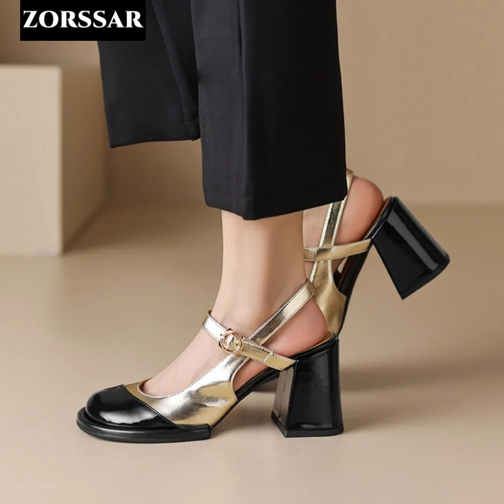 Gold Silver High Heels for Women 2024 Fashion Round Toe Genuine Leather Slingbacks Pumps Elegant Lady Heeled Shoes Summer Sandal