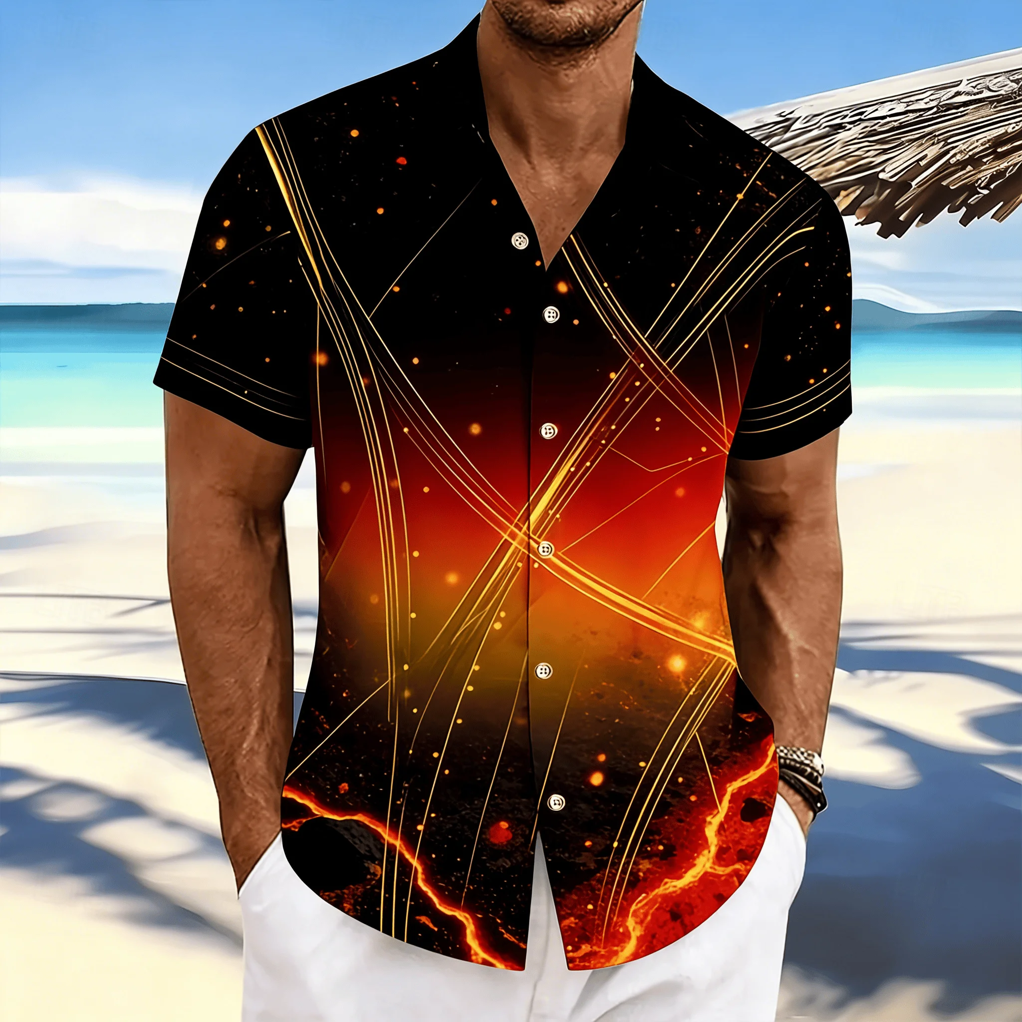 

Men's Fiery Lava Gradient Print Short Sleeve Shirt, Abstract Golden Line Design Button Down for Spring Summer Casual