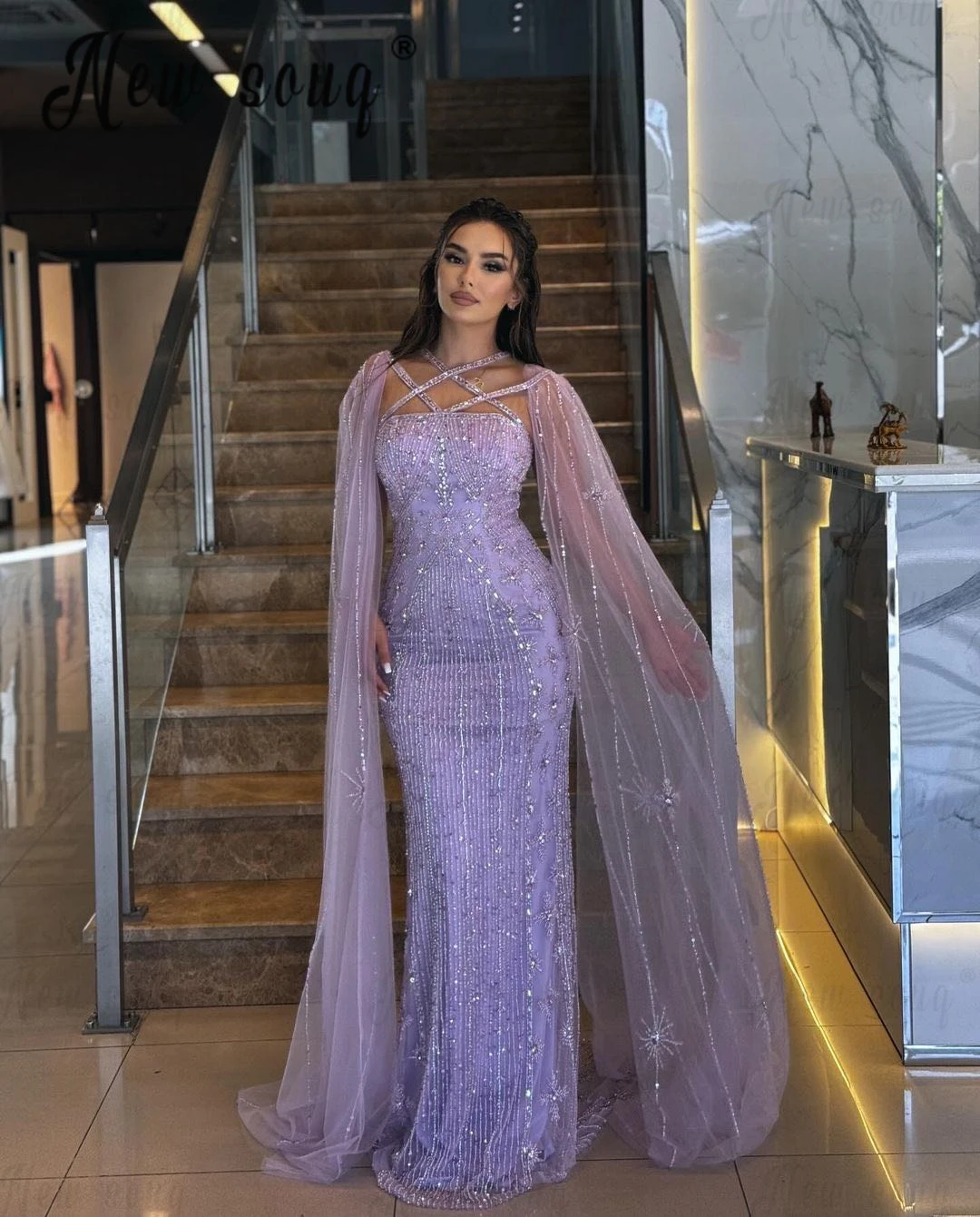 Arabic Luxury Purple Cape Sleeve Pageant Evening Dress Gowns 2024 Women Dress for Wedding Party Sequins Customize Prom Gown 2024