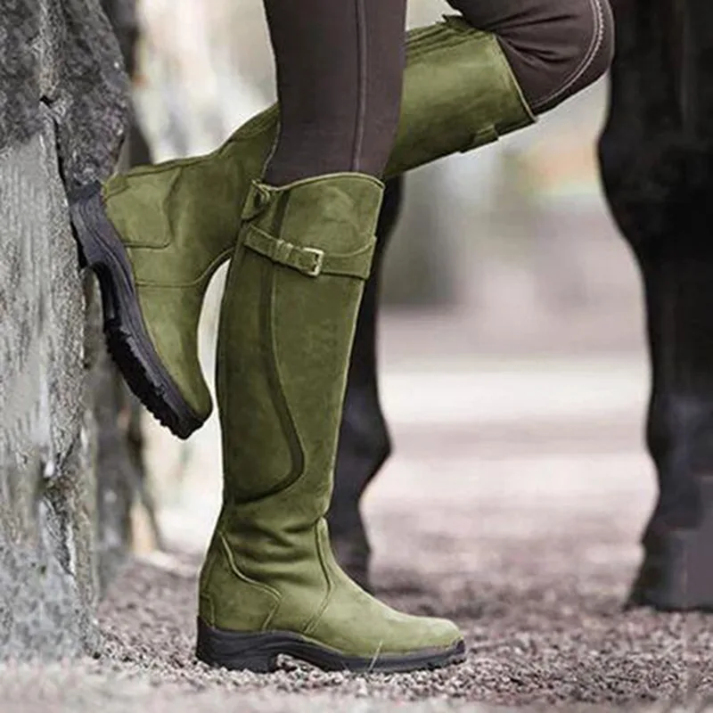 Damen-Pu-Leder-Stiefel mit plissierter Schnalle, flache Reißverschlussstiefel, Retro-schwarze Western-Cowboystiefel, flache runde Zehen, Cosplay-Ritterstiefel