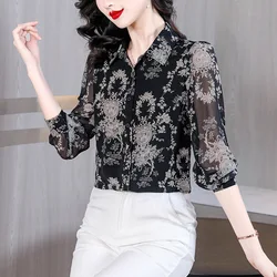 Summer Elegant Fashion Black Fragment Flowers Shirts Women Age Reduction Hollow Out Chiffon Blouses All-match Sunscreen Clothing