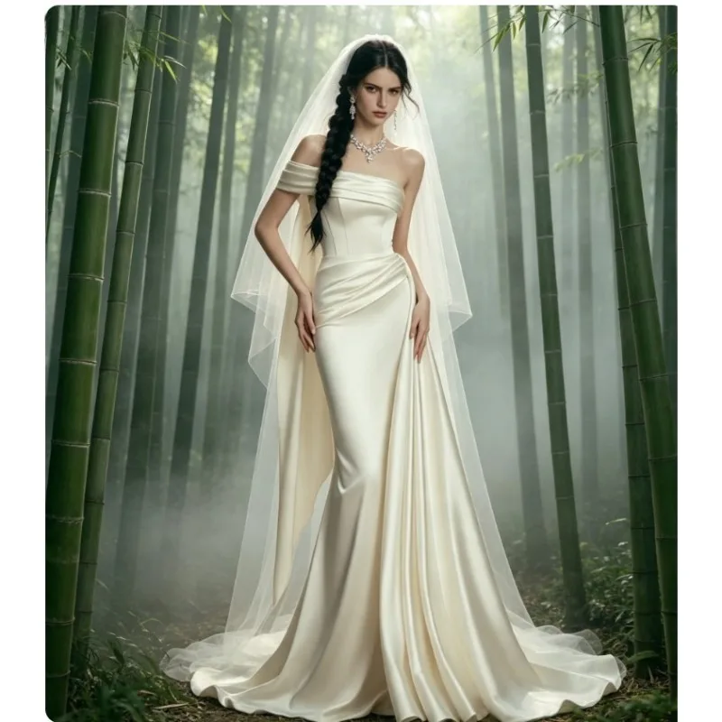 Customized Charming Champagne Off The Shoulder Wedding Dresses Boho Mermaid Sleeveless Floor Length Satin Zipper Bridal Gown