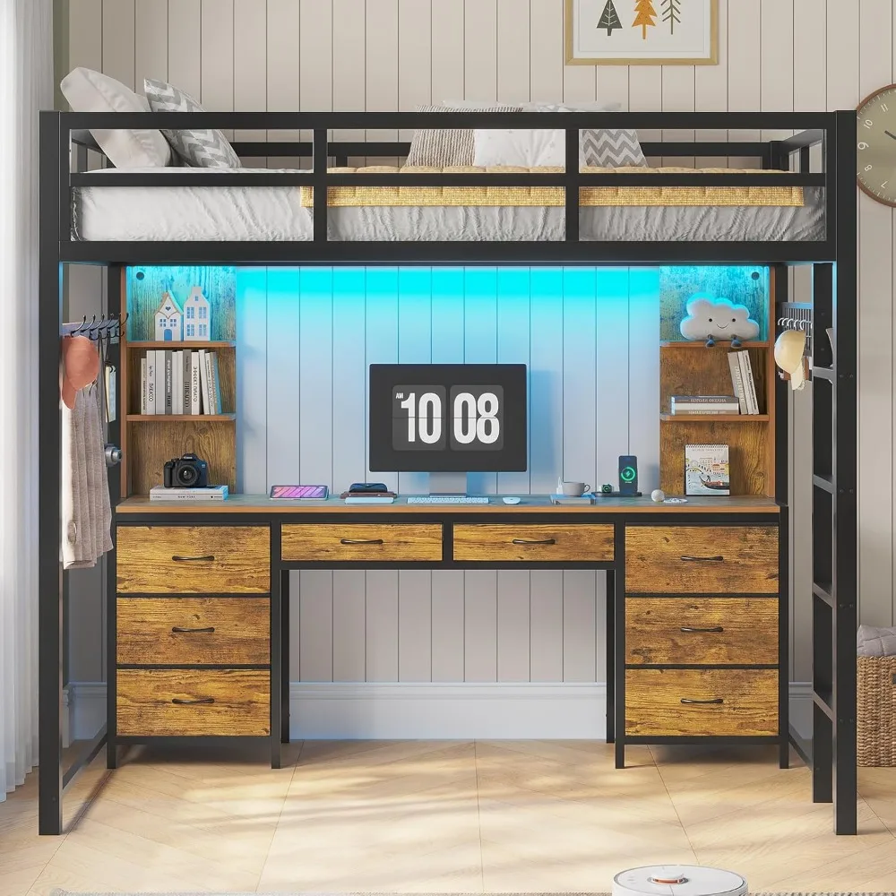 Full Size Loft Bed with Desk and 8 Storage Drawers, Metal Loft Bed Full with LED Lights & Charging Station, LED Loft Bed