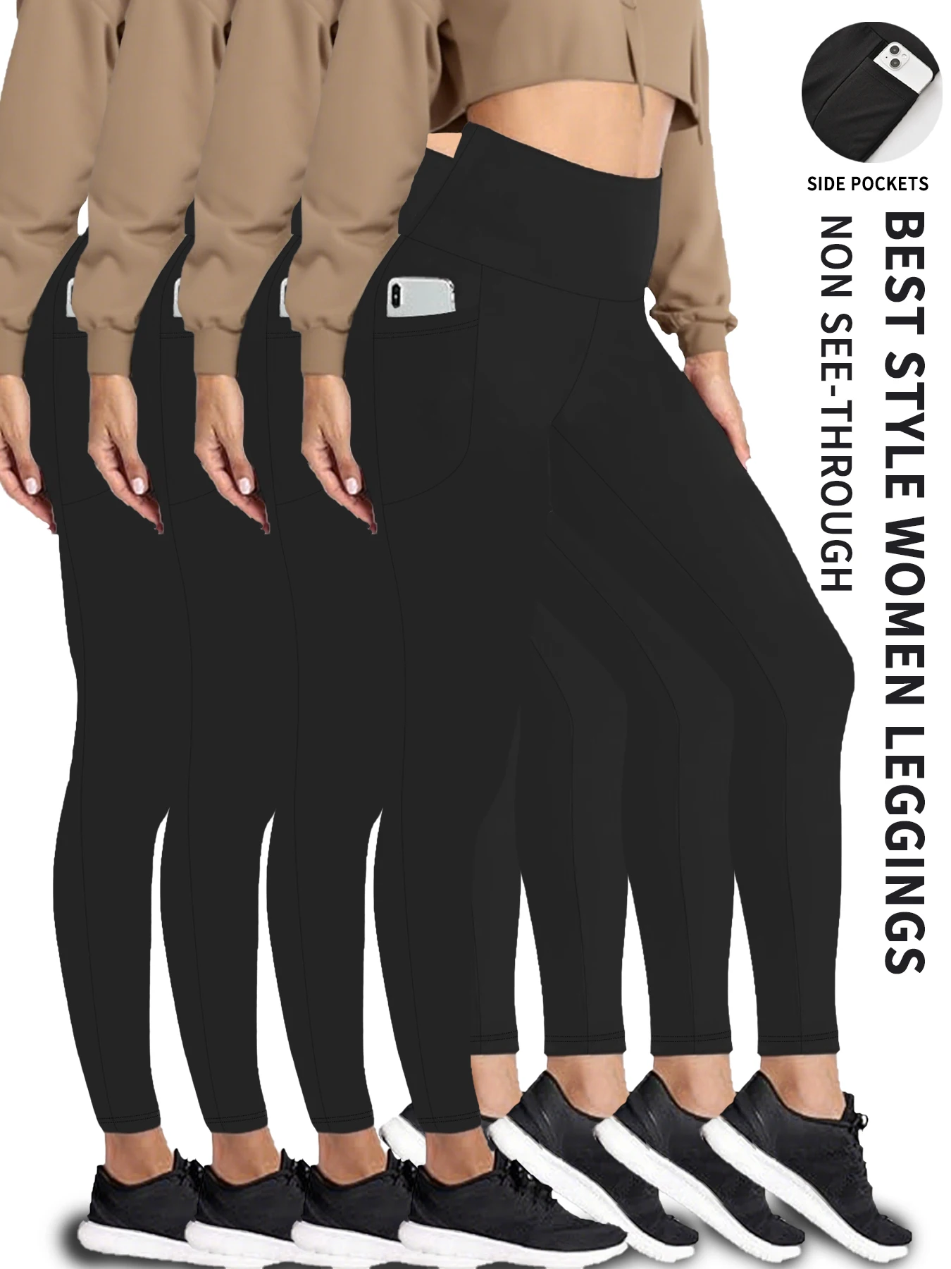 

4 Pack Super Soft Leggings with Pockets for Women, High Waisted Tummy Control Workout Yoga Running Pants Leggings