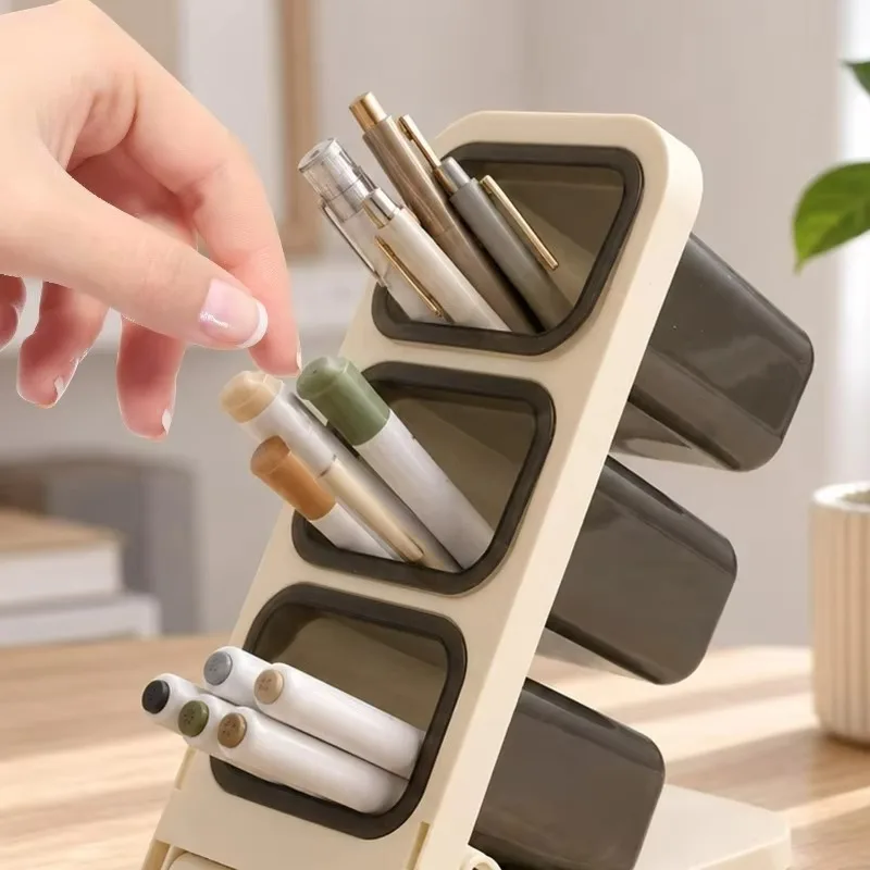 Demountable Pen Holder Desk Organizer Slanted Compartment Plastic Stationery Storage Caddy Stable Non Slip Base for Study Room