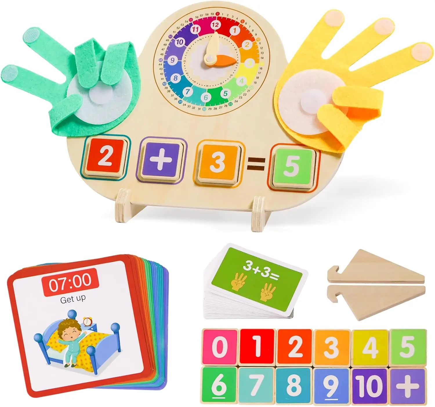Montessori Learning Toys for Toddlers,Finger Counting Number Blocks and Clock Wooden Toys for Kids, Educational Math Toys
