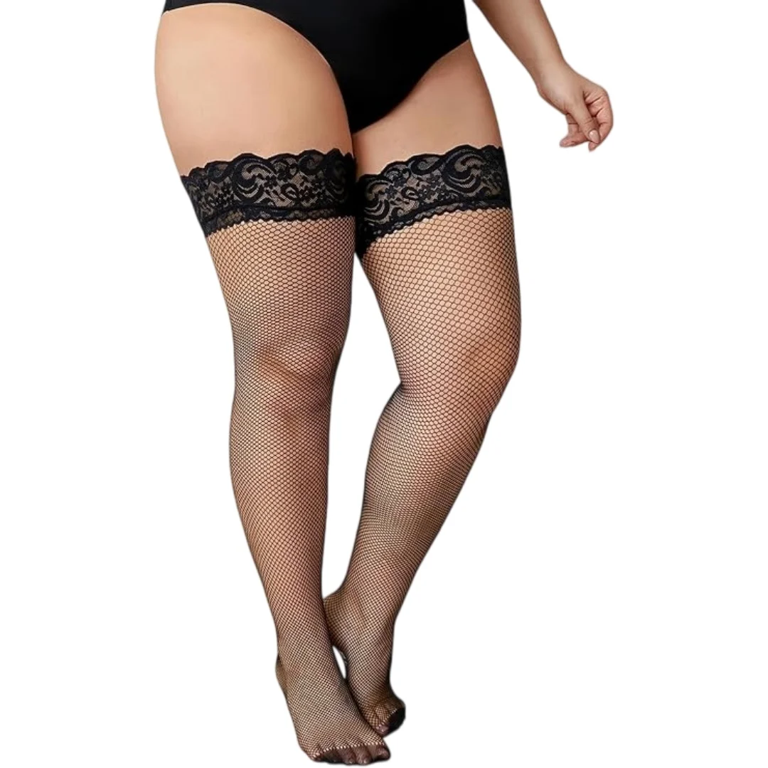 Neue Damenmode Übergröße Große Schwarze Netzstrümpfe mit Spitze Rutschfeste Overknee-Strümpfe für Mädchen Lange Socken für Frauen 3XXXL – Detail 1
