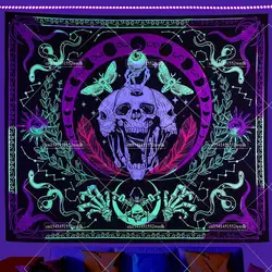 Hippie Skull Blacklight Tapestry UV Reactive Halloween Skeleton Tapestry Neon Glow In The Dark Wall Hanging Aesthetic Room Decor