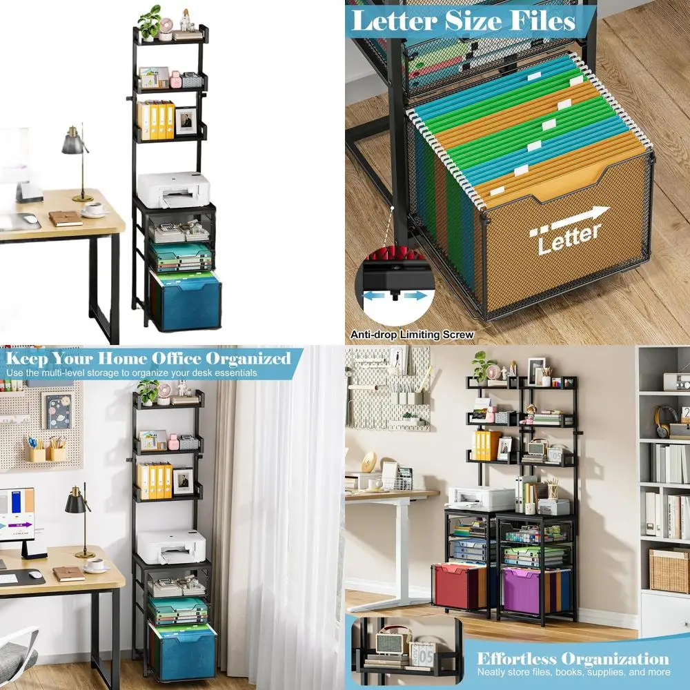 

Офисный шкаф для документов на 61 отделение с металлическими сетчатыми ящиками и подставкой для принтера, черный