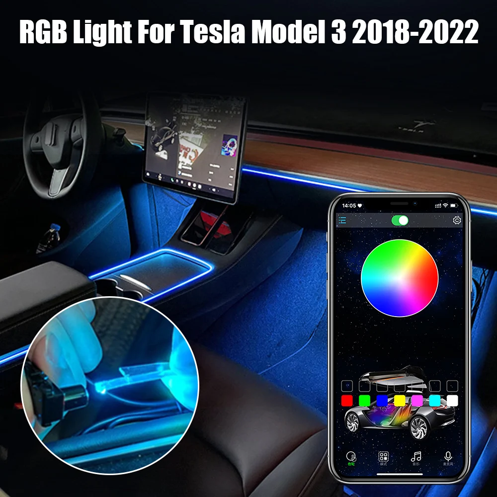 

64 Colors For Tesla Model 3 2018-2022 Car Foot Dashboard Console Ambient Light USB Cigarette Lighter Adapter Atmosphere Lamp