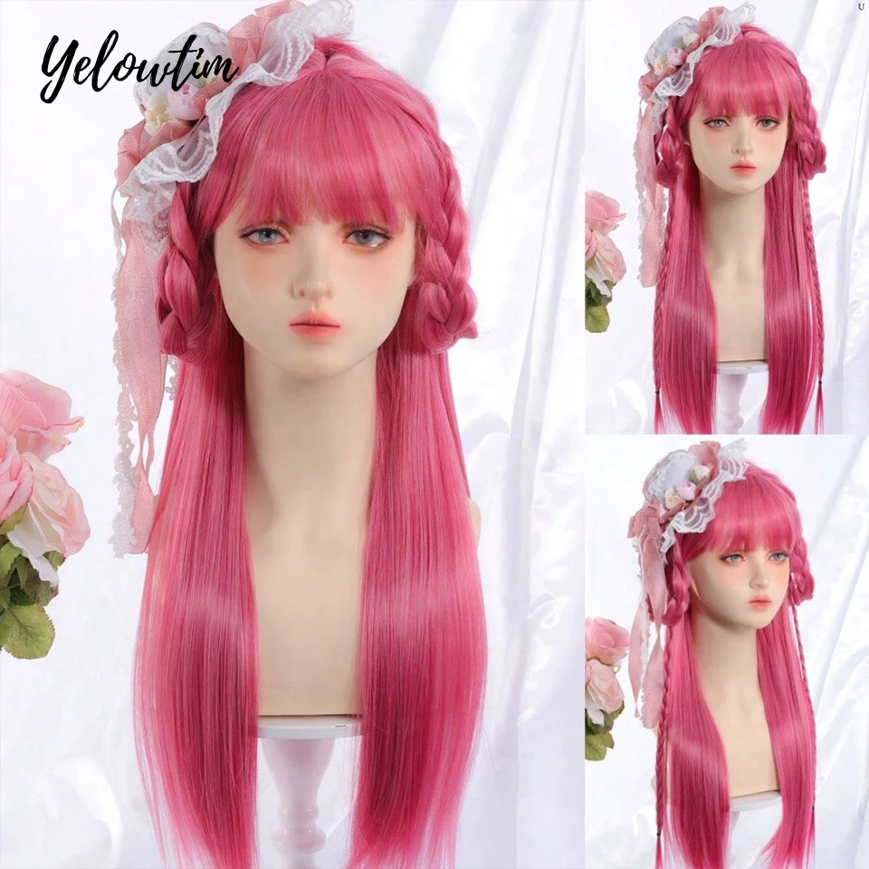 

LM Long Silky Straight Synthetic Wigs with Bangs Rose Red Pink Cosplay Party Lolita Hair Wigs for Women Heat Resistant Wig