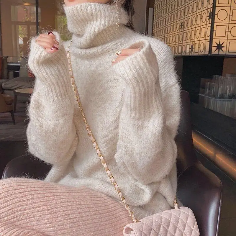 

Свободный свитер с высоким воротом для девочек, осенне-зимний джемпер, мягкие топы, ленивый теплый пуловер, красивый мягкий и липкий женский трикотаж