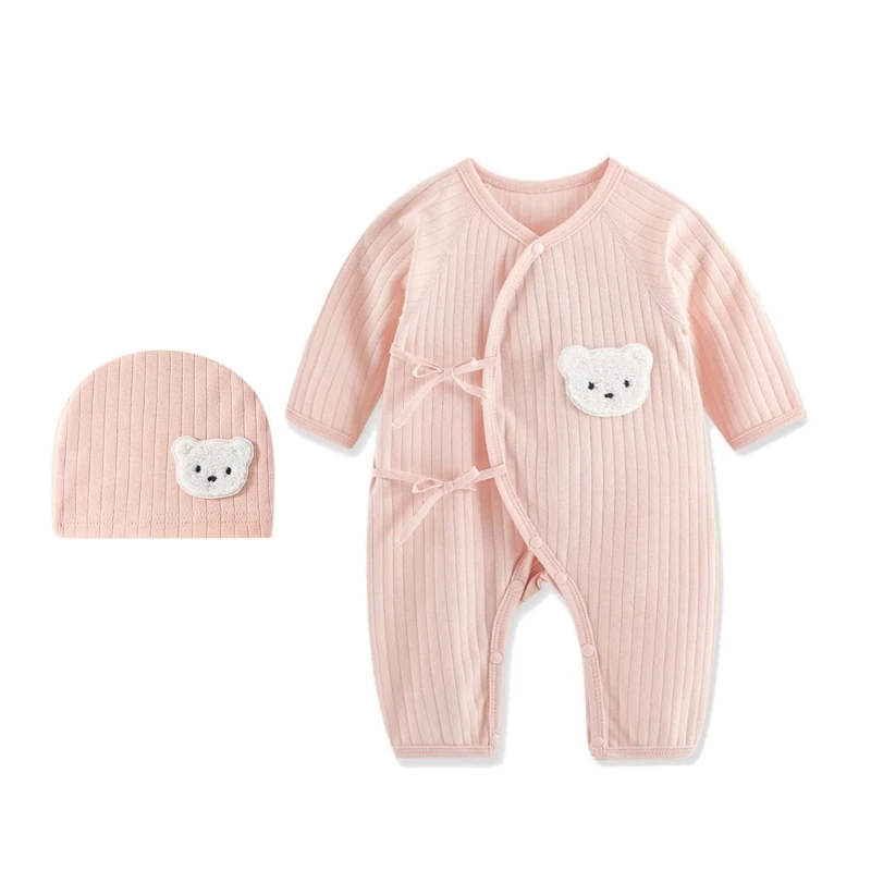 Breathable Newborn Bear Jumpsuit Hospital Hat Spring Outfit Long Sleeves Bodysuits for Baby Girls Boys Unisex Coveralls