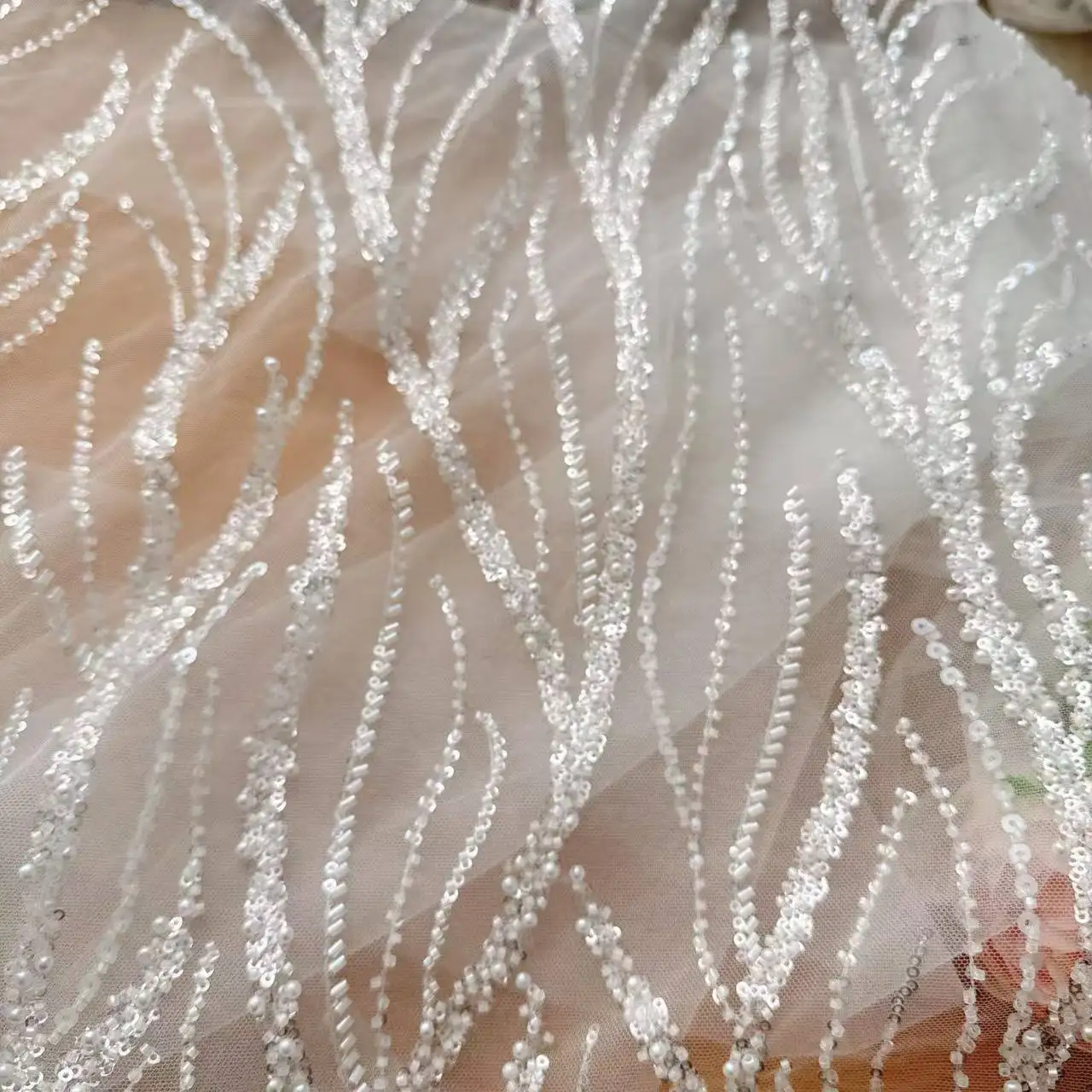 Perlen-Pailletten-Spitzenstoff, luxuriöses Abendkleid, französische Spitze, 2 Designs können weiß wählen, RS2798 – Detail 6