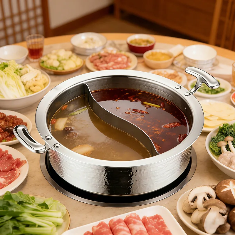Thickened 304 stainless steel wide-edge hammer hot pot special three-layer steel large-capacity mandarin duck pot