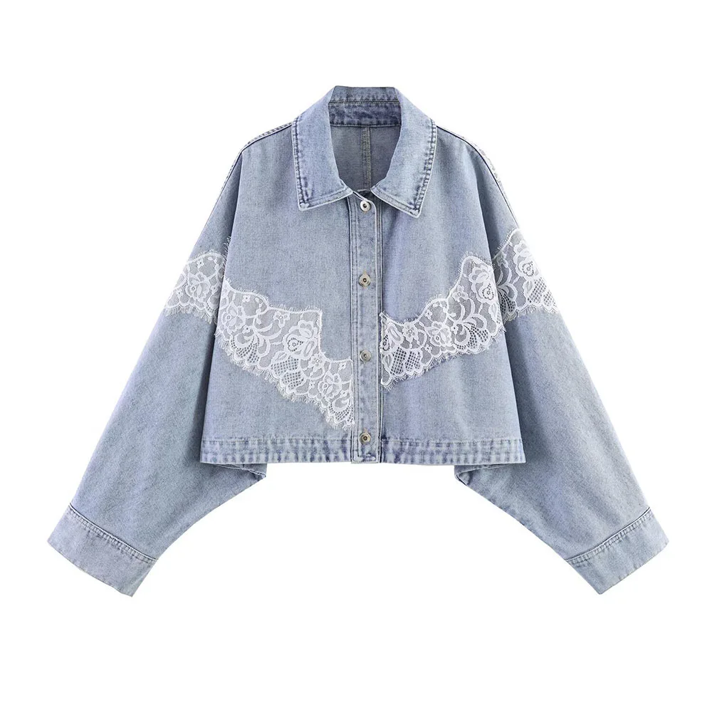 Hot Selling New Lace Spliced Denim Jacket Light Blue Short Style Loose Coat Casual Style Daily Fashion Outerwear For Women