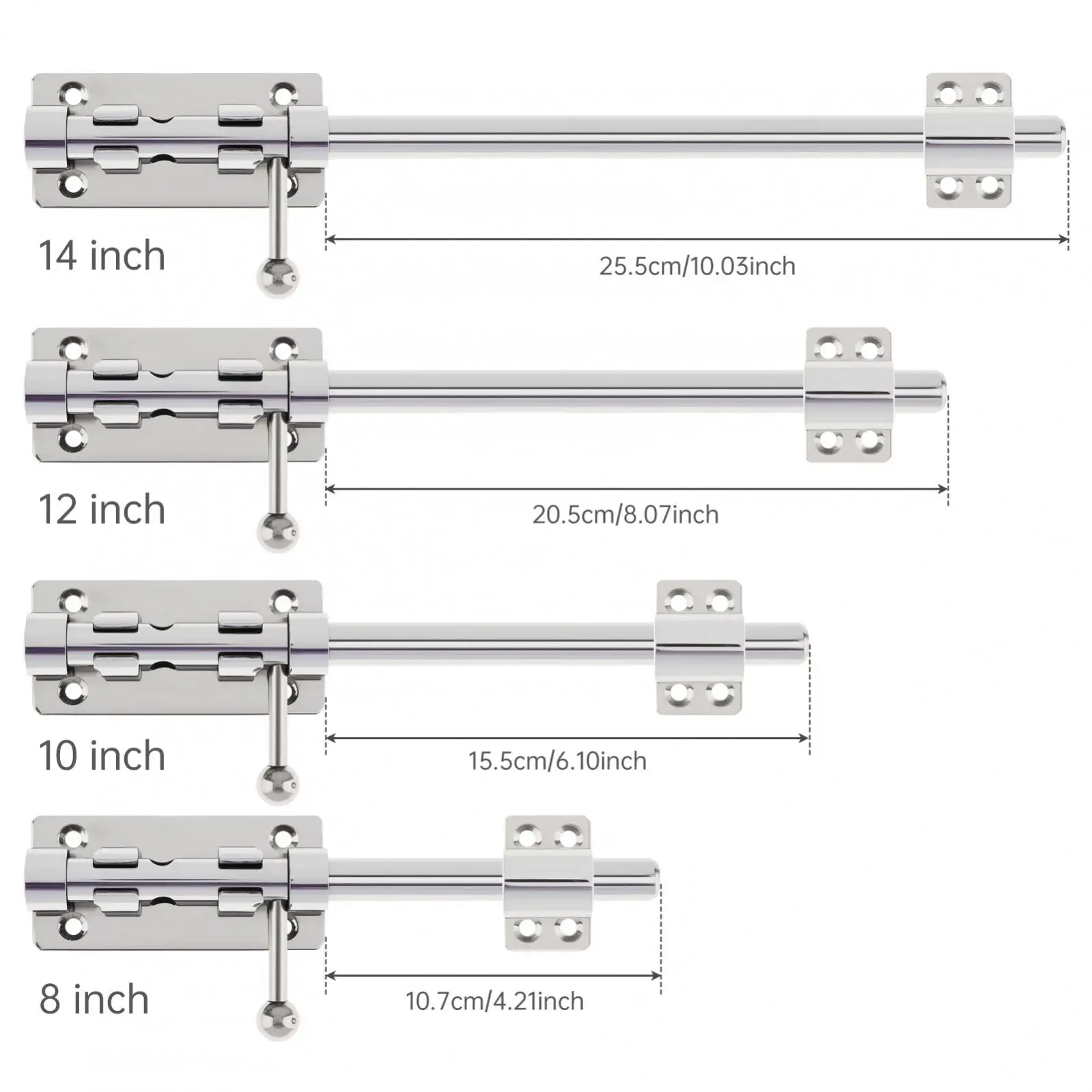 

8 / 10 / 12 / 14 inch Thickened 14 mm 304 Stainless Steel Barrel Bolt Door Latch for Doors / Windows / Cabinets with Screws