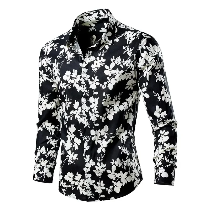 2024 Spring Men Slim Floral Print Long Sleeve Shirt Turn Down Collar Button Blouse Luxury Social Shirts Holiday Party Tops