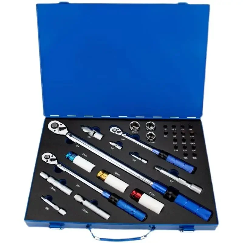 

32pc Bicycle Repair Tool Kit 1/4,3/8,1/2 Drive 5 N.m - 220 N.m Torque Wrench Set with Socket Bits