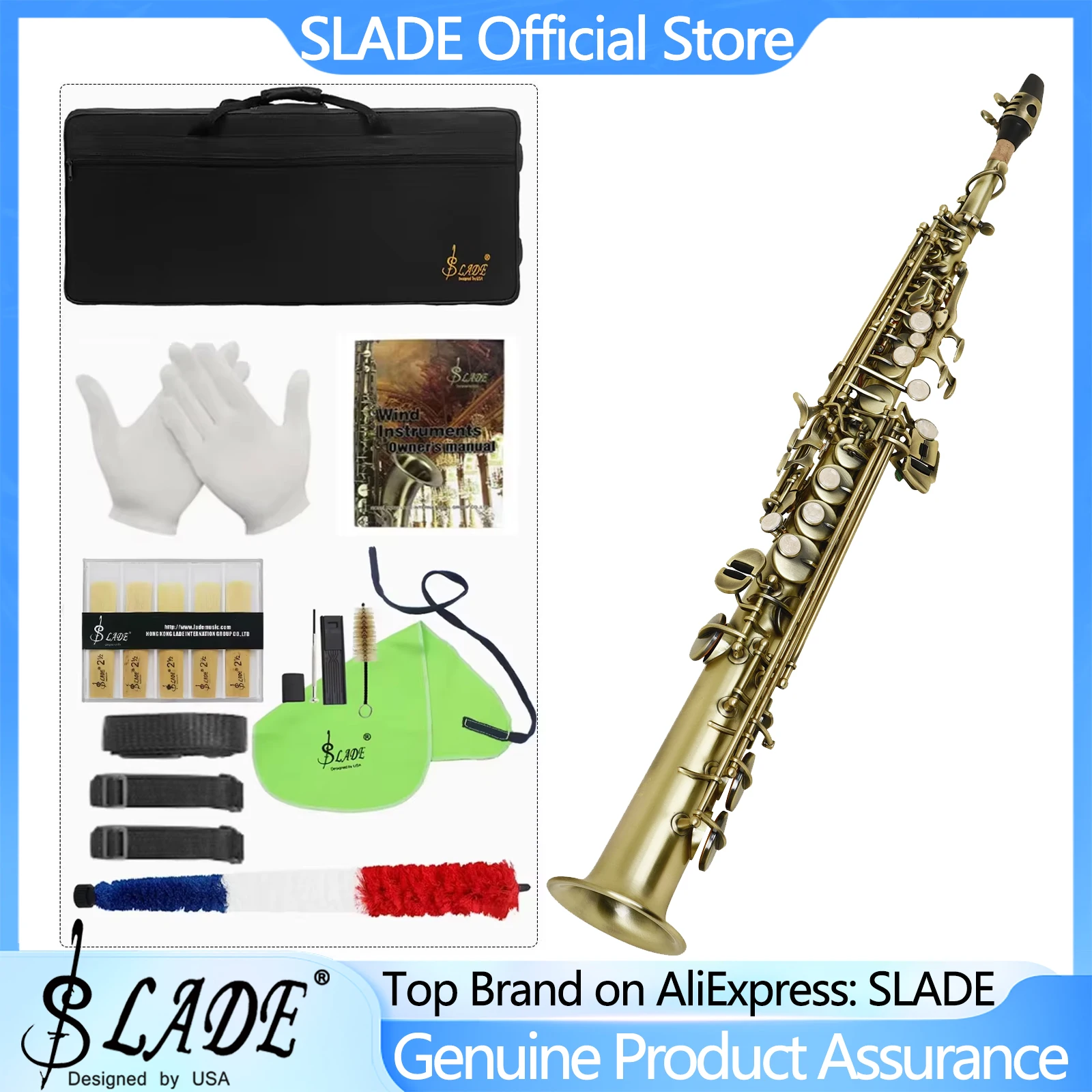 

SLADE Soprano Saxophone Straight Tube Down B-Tone Brass Copper Tube Body Carved Flower White Shell Button Cyan Antique Sax Set