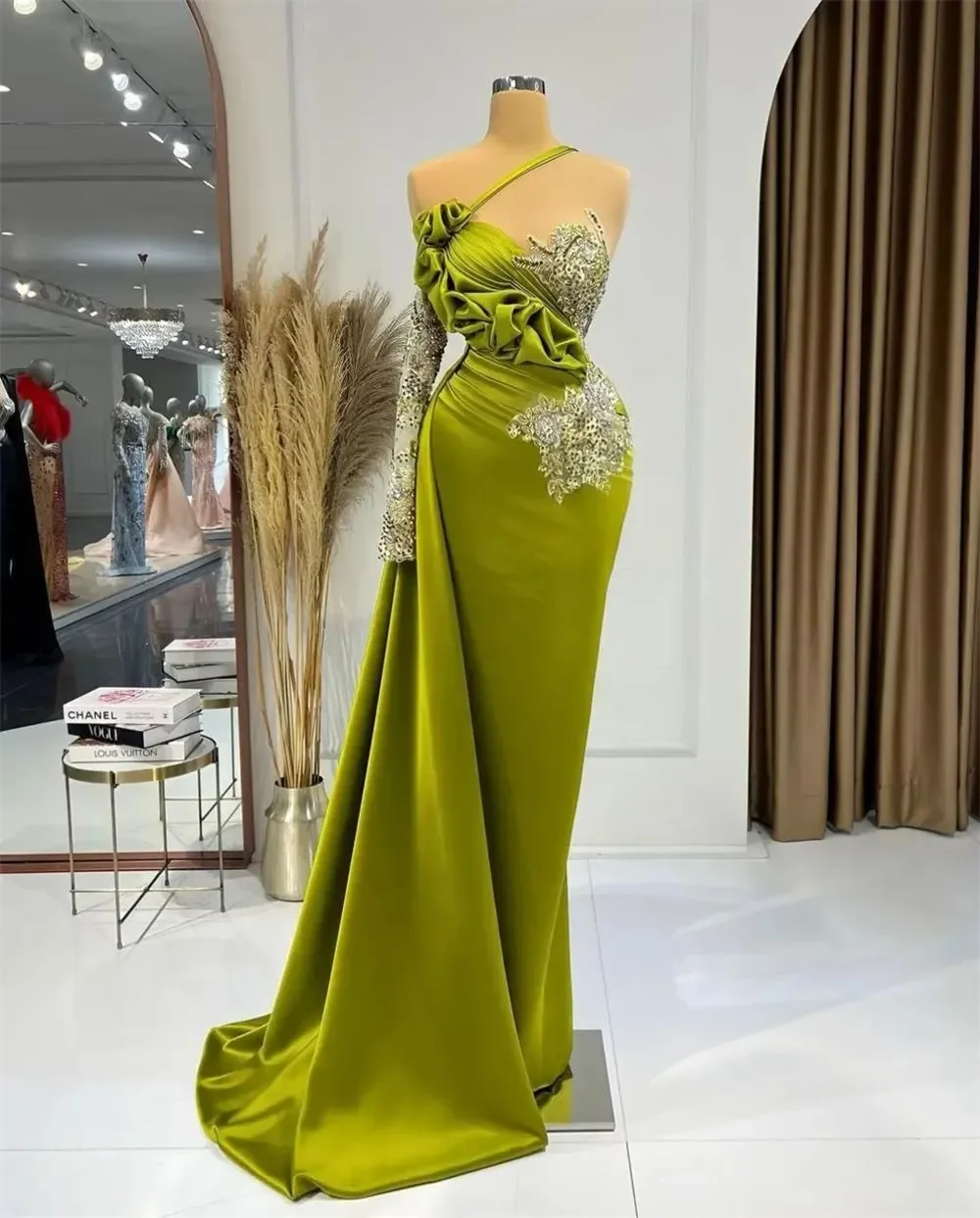 

Green Sexy Mermaid Prom Dresses One Shoulder Beaded Lace Appliqued Evening Dress Party Second Reception Gowns Plus Size