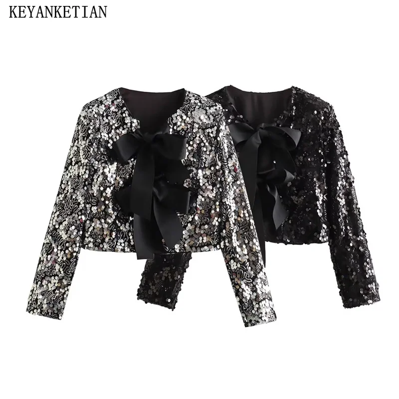 

KEYANKETIAN New Launch Women Sequined Jacket Shiny Chic Cropped Coat Female Elegant Bow Lace-Up Long Sleeve Lady Party Outerwear