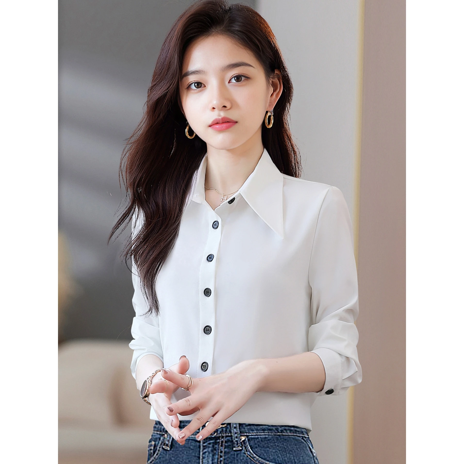 

Oule White Chiffon Ne Long Sve Women's irt Commute Sle Pure Color Single Row Multi Button Fastening