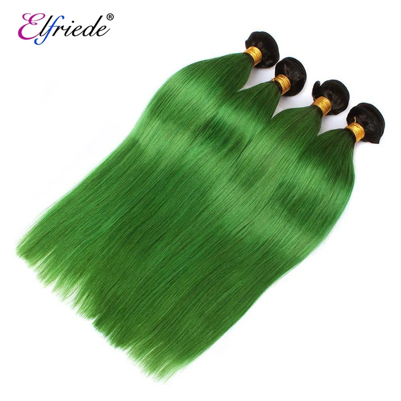 Elfriede #1B/Green Straight Hair Bundles with 4X4 Lace Closure Brazilian 100% Remy Human Hair Extensions 3 Bundles with Closure