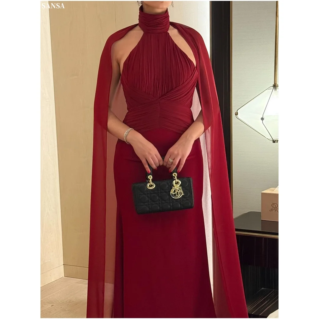 

Sansa Customized Sexy Burgundy Halter Neck Prom Dresses Detachable Shawl Multilayer Pleatsvestidos de noche Formal Evening 2026
