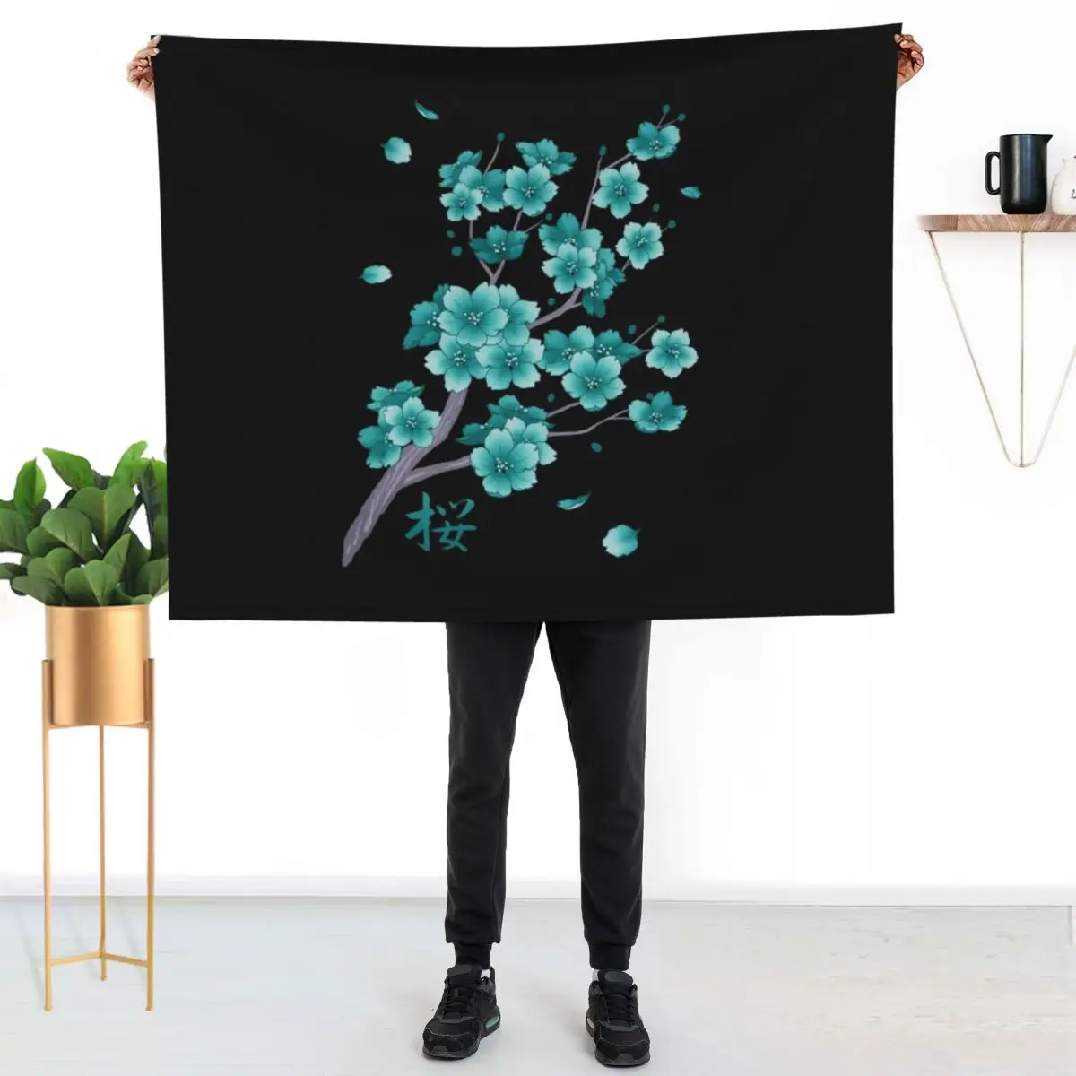Falling teal blue Sakura Cherry Blossom on black Throw Blanket Blankets For Baby for winter Travel Warm Flannel Camping Blankets