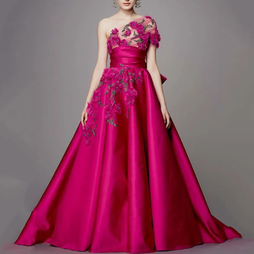 Exquisite Rose Red Women Prom Dresses One Shoulder Sleeve A-Line Floor Length Appliques Pretty Female Evening Party Gowns