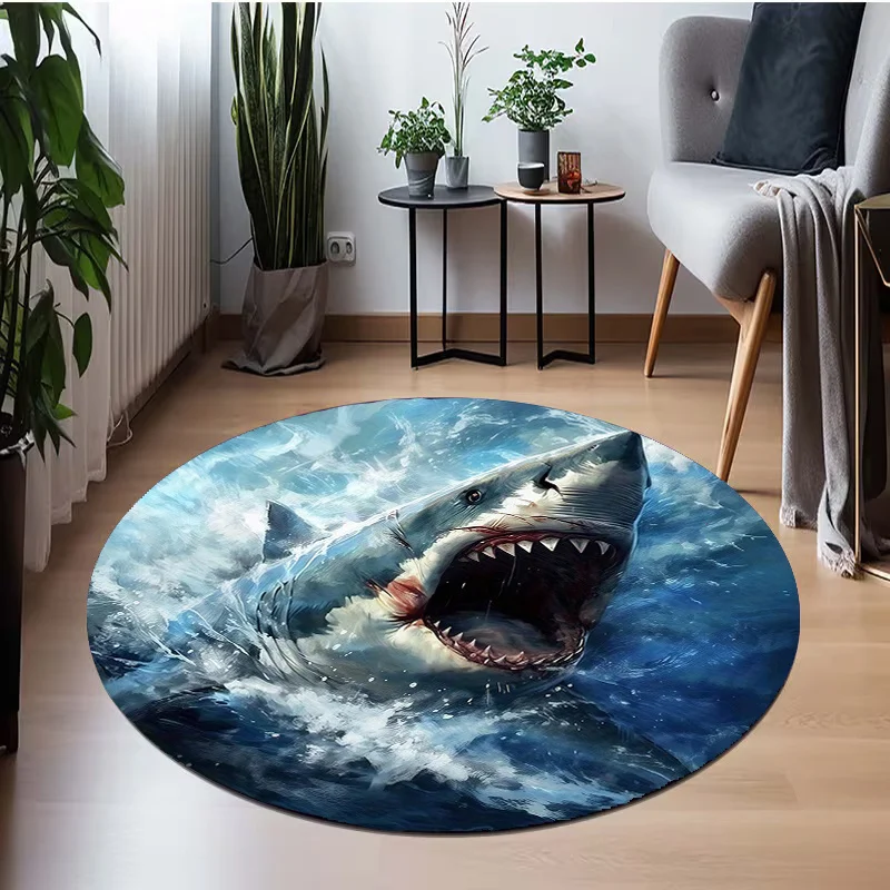 Sharks in seawater Flannel-printed round floor mats are slip-resistant Suitable for living room bedroom terrace garden carpets