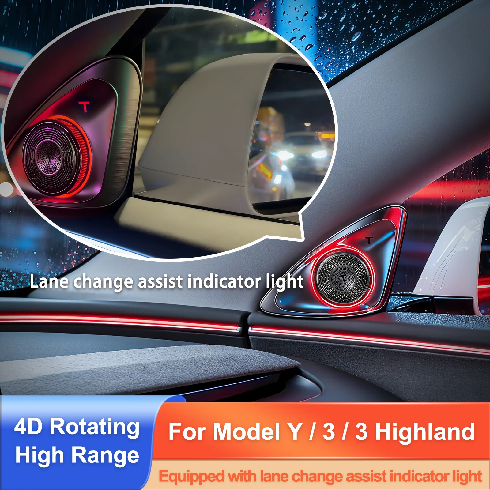 4D Rotating Speaker Lights for Tesla Model 3/Y with Blind Spot Warning, Plug&Play No Programming Sync with Factory Color Control