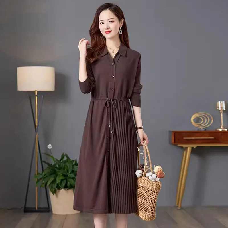 Women Elegant Knit Dress 2023 Autumn New Fashion Turn Collar Button Drawstring Folds Patchwork Female Bottom Sweater Dresses