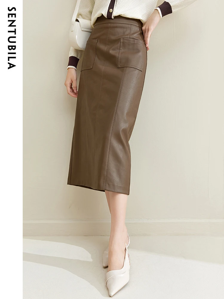 SENTUBILA Split Faux Leather Skirt Women 2024 Autumn Winter Elegant Female Coffee Straight Midi Pu Skirt Patch Pockets 133Q51119