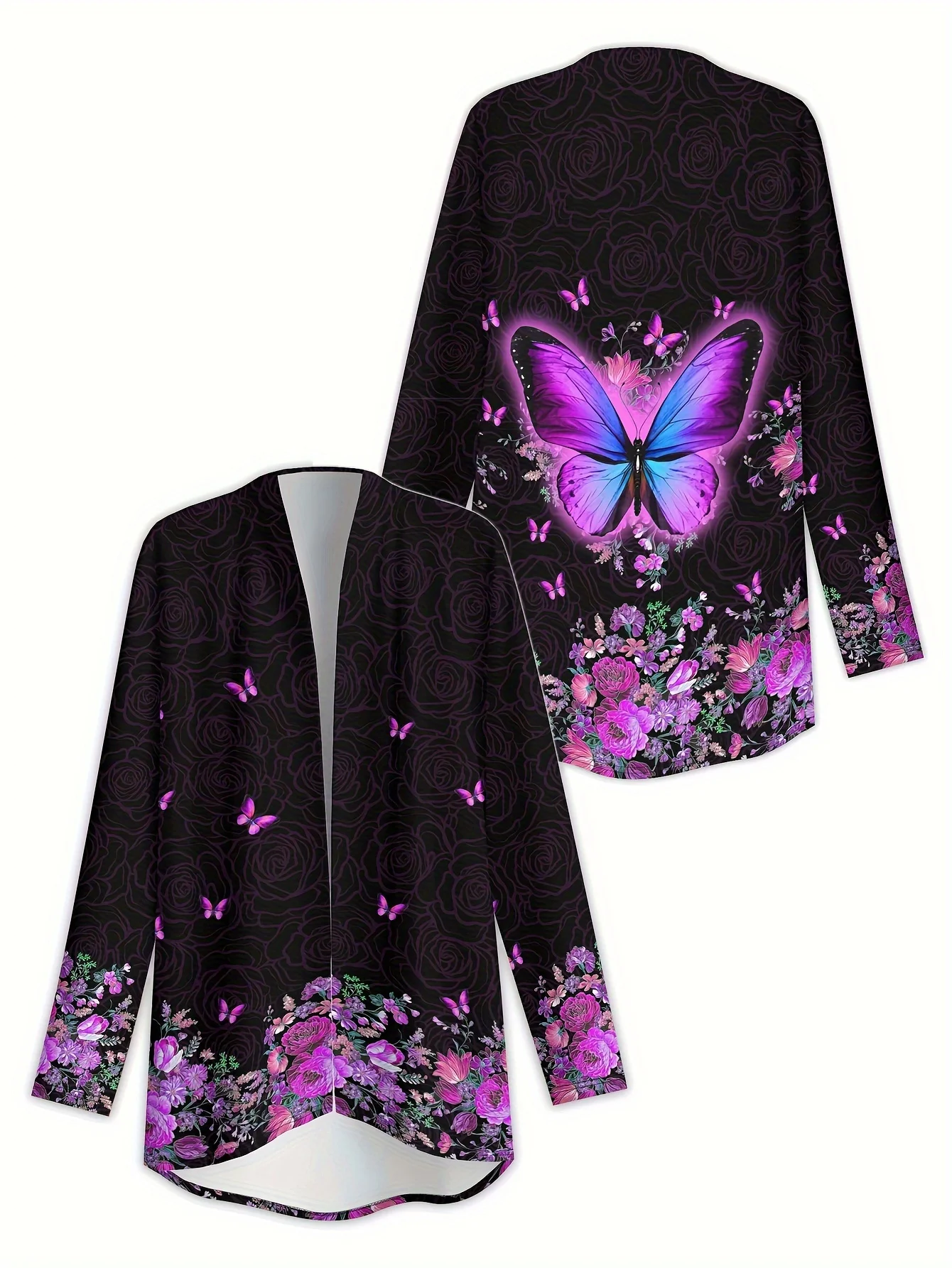 2025 Women's Floral Butterfly Printed Long Sleeve Cardigan, Polyester Open Front, Lightweight Cover Up, Spring Fall Casual Coat