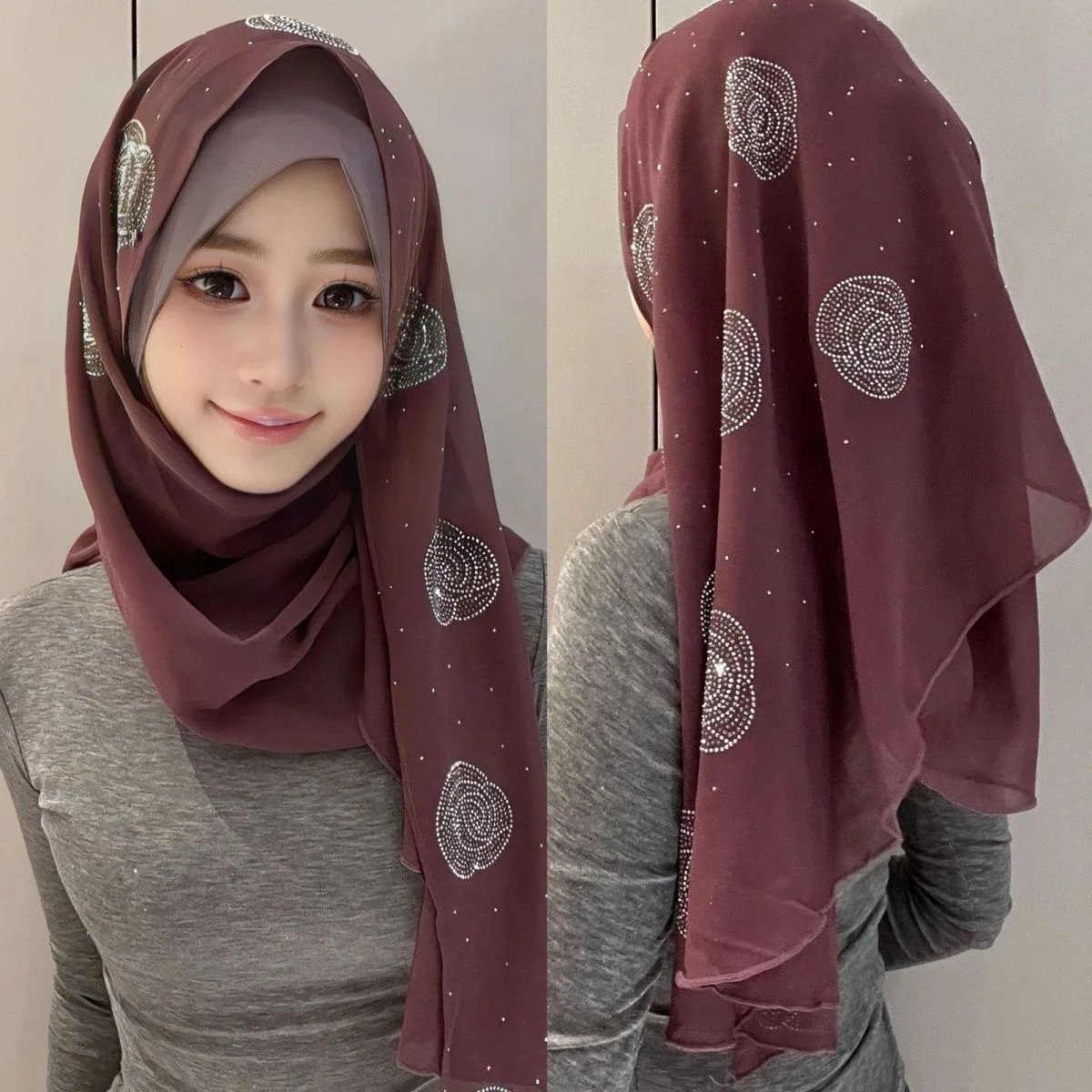 Chiffon Glittery Rose Islam Muslim Women Wraps Scarf Hijab Wraps