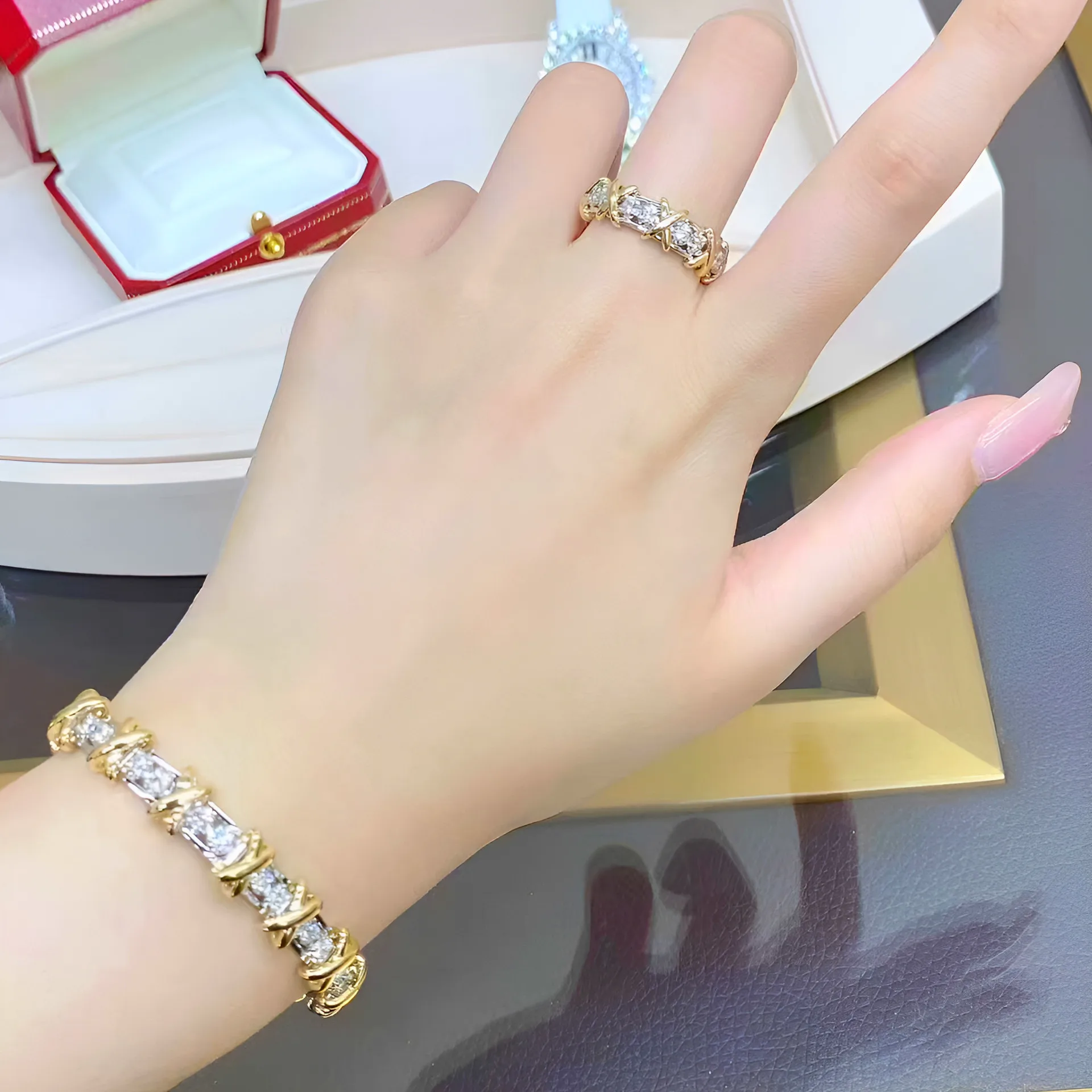 TBCYD 3mm High Carbon Diamond Bracelets Bangles For Women S925 Silver XO Row of Diamonds Two-tone Bracelets Hand Chain Jewelry