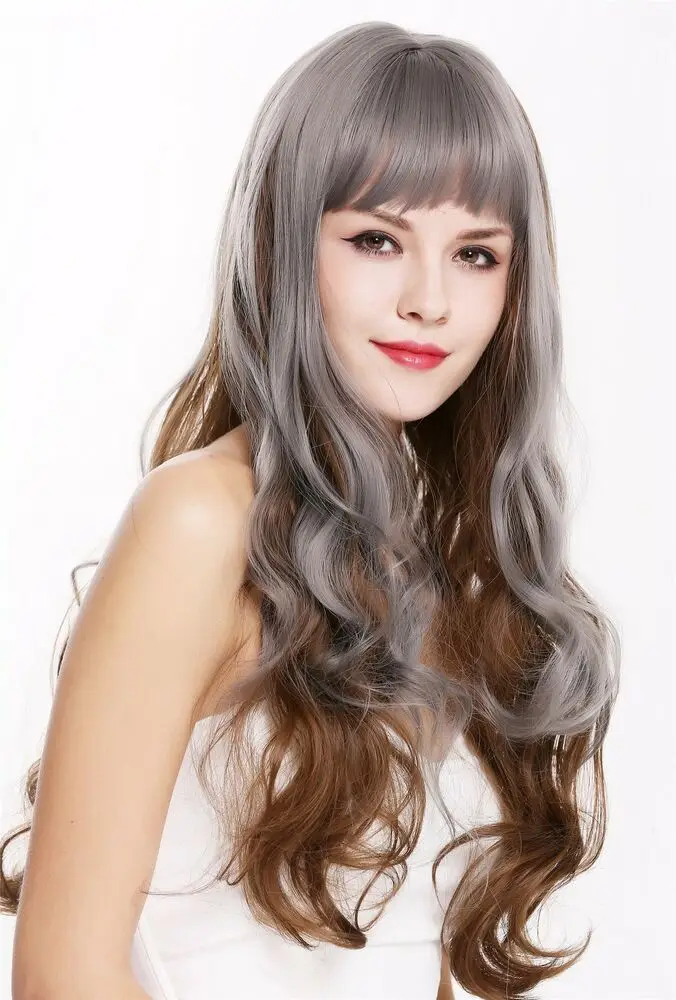 Women's Wig Long Fringe Wavy Curly Balayage Strands Grey Wigs Synthetic