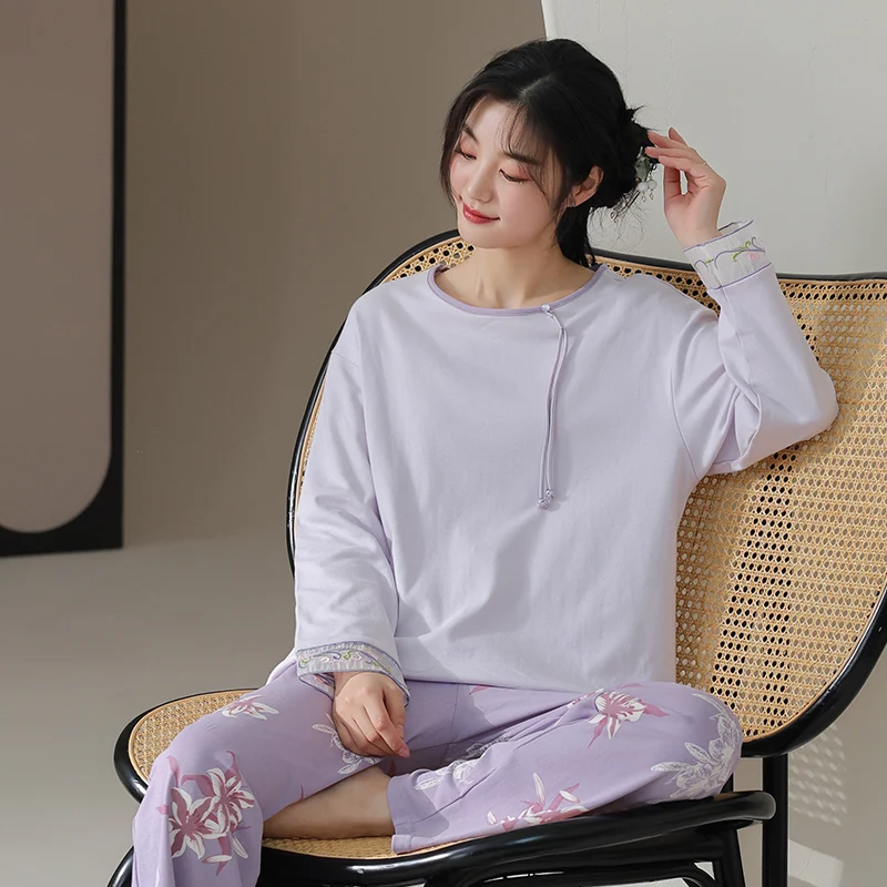 

Autumn Winter Sleepwear Cotton Women's Pajamas Long Sleeve Round Neck Women Pajama Sets