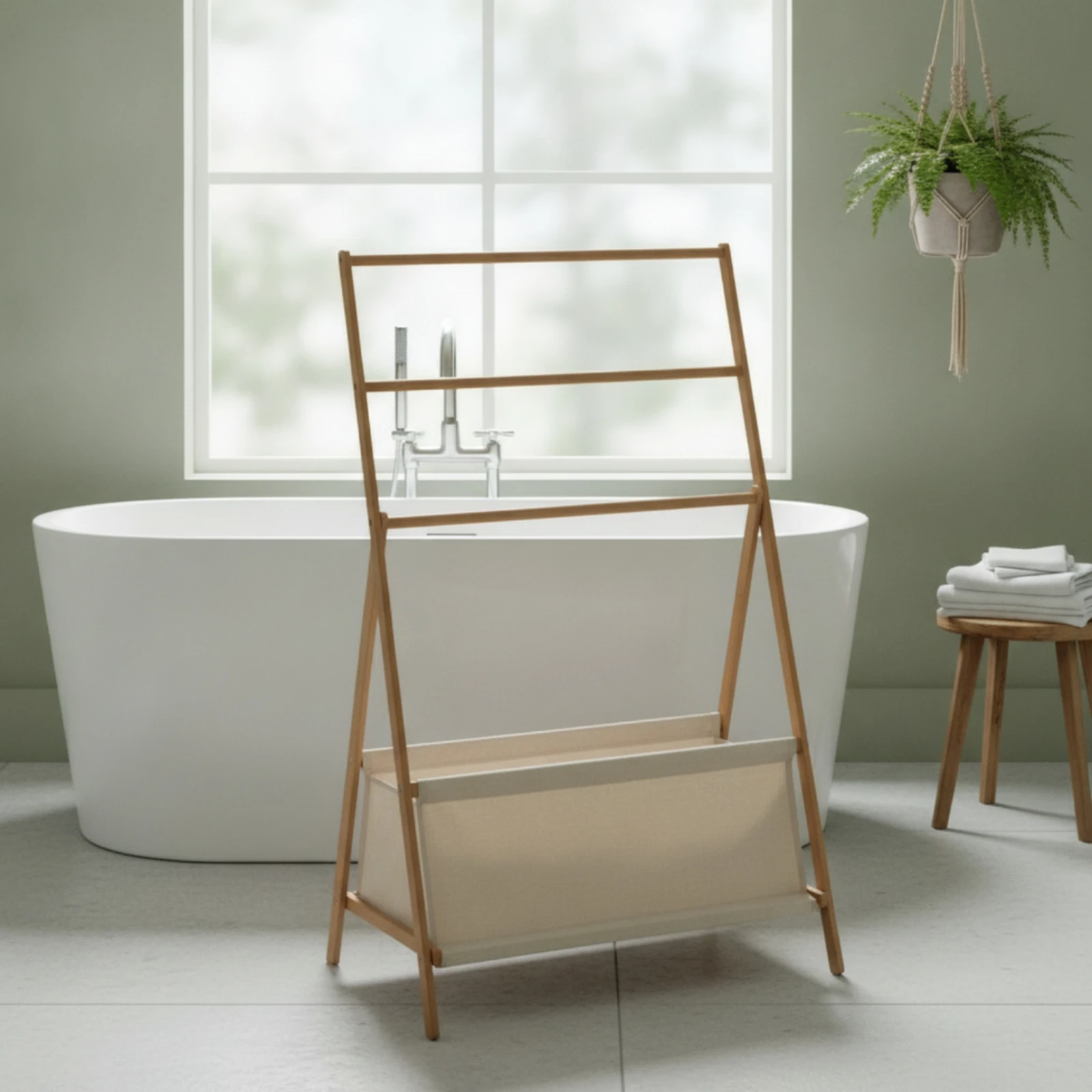Clothes Rack with Storage Bin Freestanding Slanted Frame Garment Rack Floor Hanger Space-Saving Furniture Wood-Look for Renters
