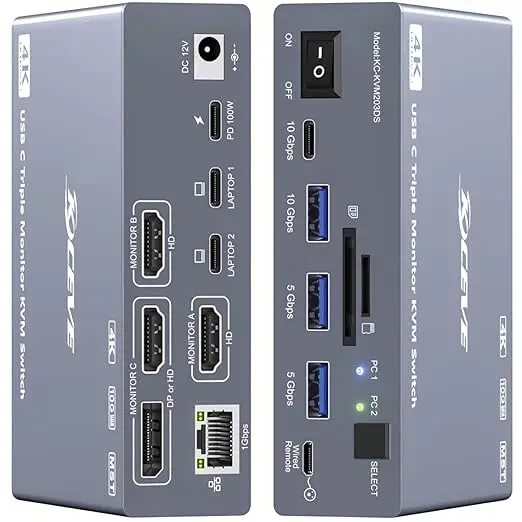 USB C KVM Switch 3 Monitors 2 Laptops 4K@60Hz, Displaylink USB C Docking Station 3 Monitor KVM for Windows Mac M1 M2 M3 M4,