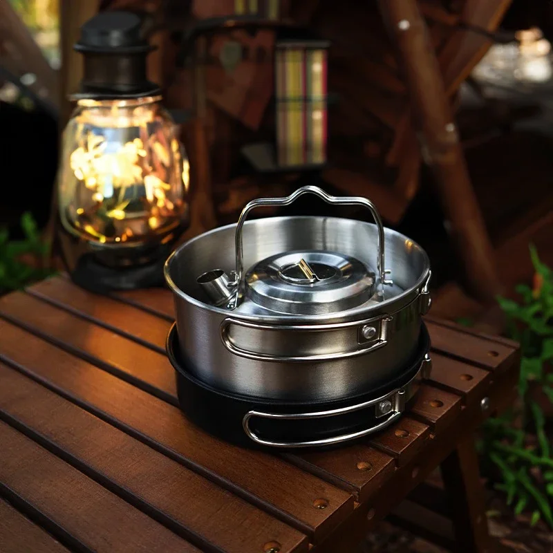 Outdoor Camping Stainless Steel Cookware Set Non-Stick Frying Pan Soup Pot Water Kettle Portable Cooking Gear for 3 to 4 People