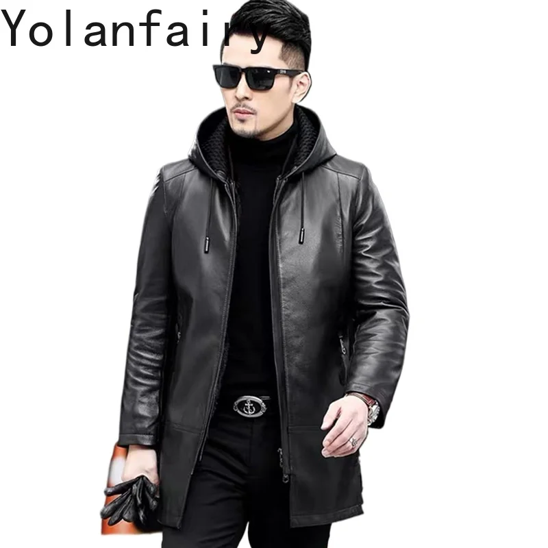 

YOLANFAIRY Genuine Leather Goat Skin New in Jackets Winter Mens Jacket Mink Liner Long Coat Men Hooded Saco Hombre Casual