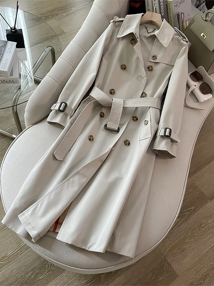 Classic Long White Coat Women's Fashion British Style Waist-Cinching Outerwear Autumn Collection Premium Feel Super Stylish