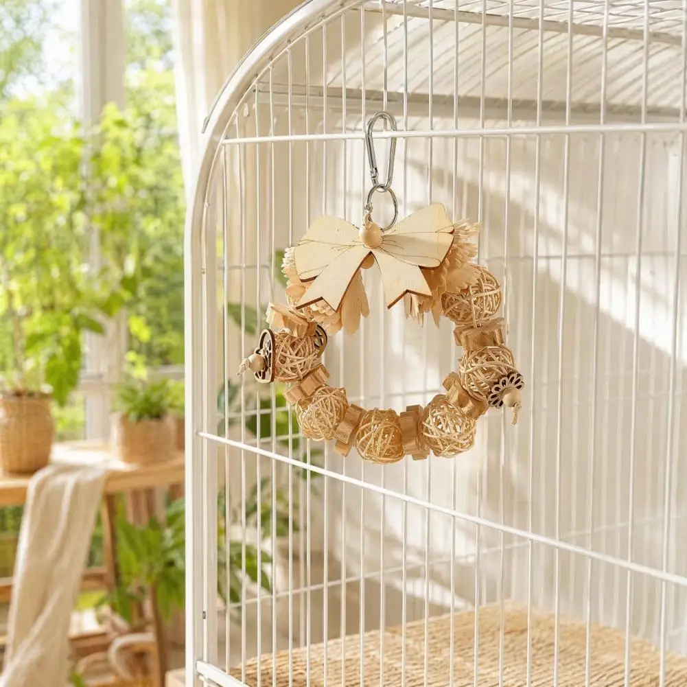 Safe Parrot Chew Toy Wooden Bow Ring Parrot Toy with Rattan Ball Hanging Bird Chewing Toy for Grey Cockatoos Macaws Cage