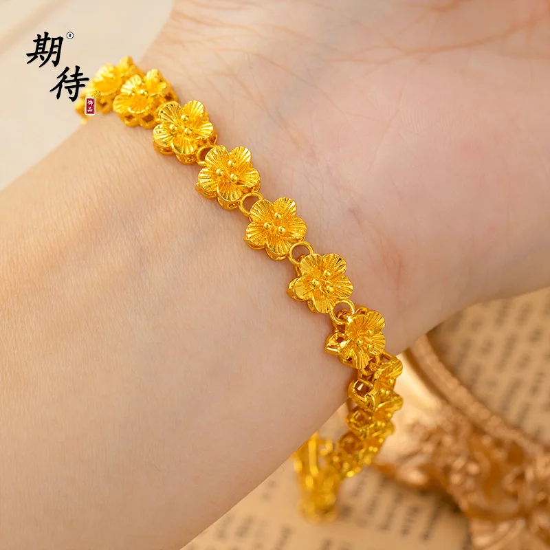 

Luxury 24K 9999 Pure Gold real gold Women's Plum Blossom Bracelet Niche Design Peach Blossom Bracelet