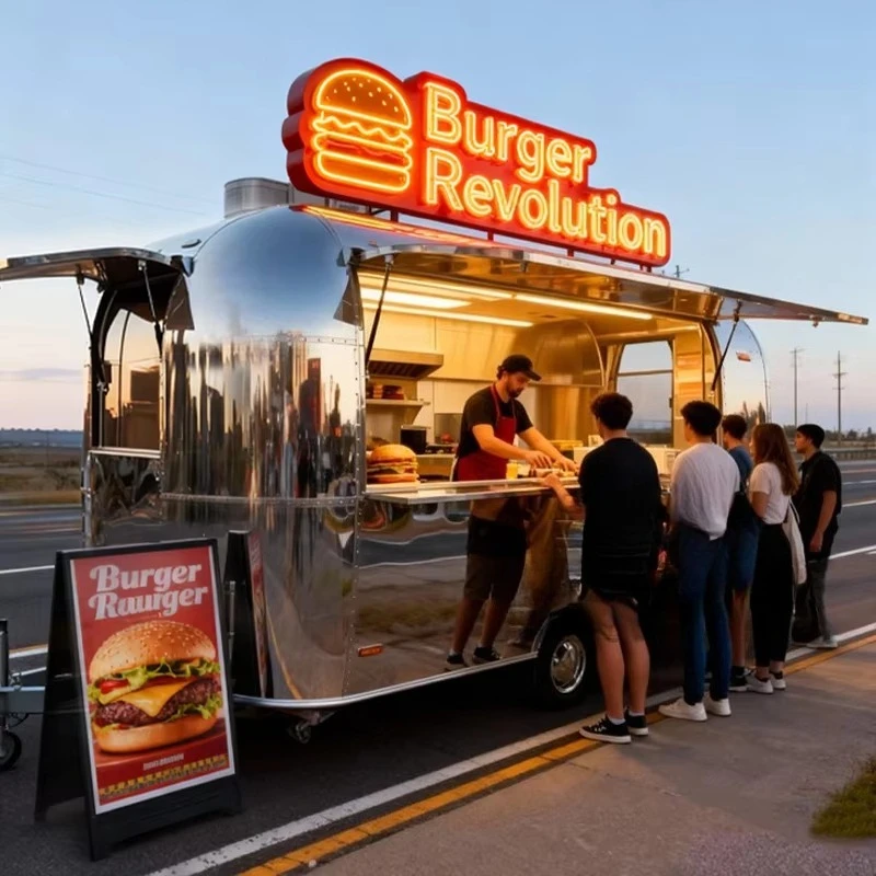 Food Truck Trailer Stainless Steel Mobile Catering Bar Fried Chicken Burrito Pizza Fast Food Truck Fully Equipped  Customized